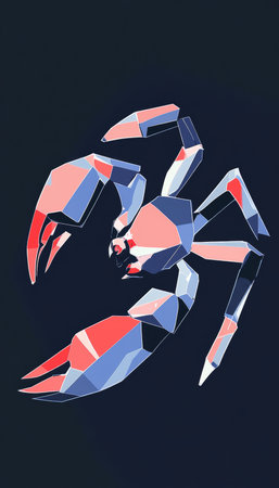 Geometric Scorpion Abstract Illustration of a Scorpion in Red and Blue Tones on Dark Backgroundの素材