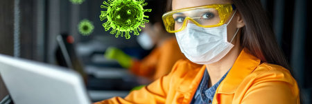 Female Scientist Wearing Protective Mask and Glasses Typing on Laptop, with Virus Graphicの素材