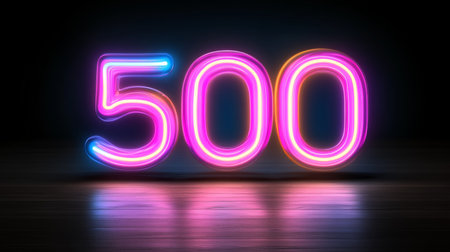 Number 500 Neon Sign Glowing, Vibrant Orange And Pink On A Dark Background. 3D Rendering,の素材