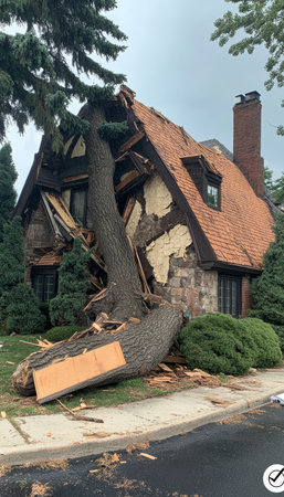 Uprooted Tree Smashes Roof and Causes. Damage To Residential Tudor Home Due to Summer Stormの素材