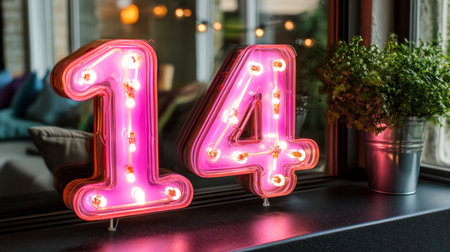 Pink Neon Number 14 Glowing on Dark Surface, Symbol of Celebration, Valentines Day, Birthdayの素材