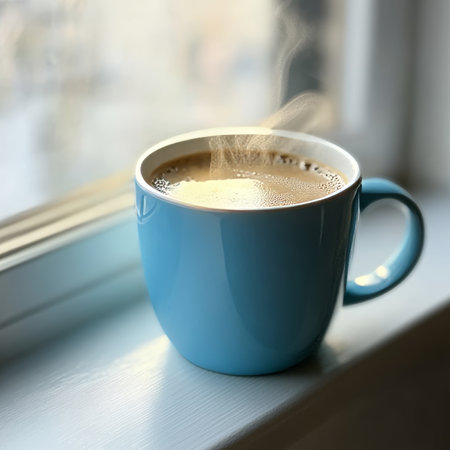 Steaming Blue Coffee Cup on Window Sill, Cozy Winter Morning Concept, Minimalist Still Lifeの素材