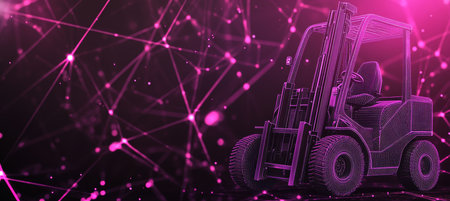 Digital Forklift On Purple Tech Background. Industrial Icon, Lines, Connected Dots, Triangles.の素材