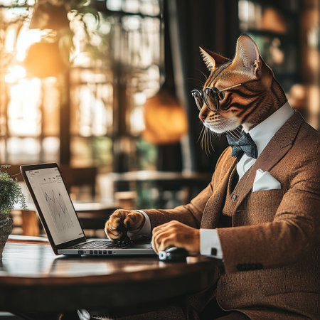 Serious Cat Businessman Dressed in Suit Working on Laptop in Cafe, Entrepreneurial Pet Conceptの素材