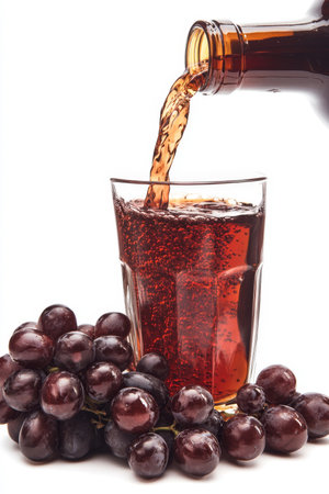 Pouring refreshing grape juice into a glass with ice cubes, served with fresh grapes.の素材