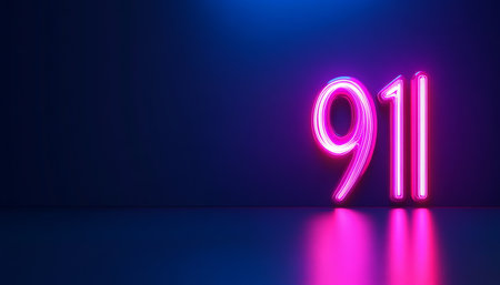 Neon 911 Sign Glowing on a Dark Blue Background, Concept for Emergency Call, Helpline, 3D Renderの素材
