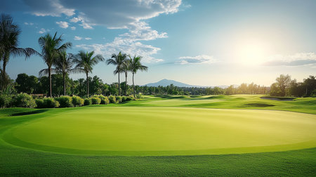 Luxury Golf Course with Lush Green Fairway, Palm Trees, and Picturesque Sunset Landscapeの素材