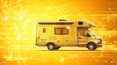 Modern Camper Van, Mobile Home For Travel and Adventure, Connection, Technology Concept.の素材