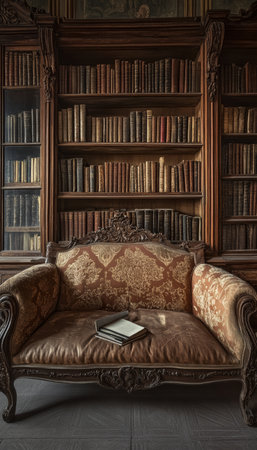 Antique Sofa with Book in Library, Elegant Interior with Bookshelves, Vintage Furnitureの素材