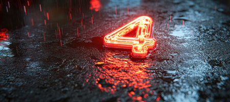 Red Neon Number 4 Glowing On Wet Dark Background With Water Drops And Dramatic Drop Linesの素材