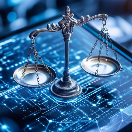 Scales Of Justice On Circuit Board. Concept Of Law, Justice, Technology, Legal Tech, And Cyber Law.の素材