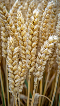 Golden Wheat Stalks Close Up, Ripe Cereal Crop Ready for Harvest, Agriculture Backgroundの素材