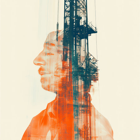 Double Exposure Portrait of a Man Merging with a Construction Crane, Symbolizing Hard Workの素材