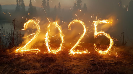 Glowing 2025 Sparkler Numbers on the Ground for New Years Celebration with Forest Backgroundの素材