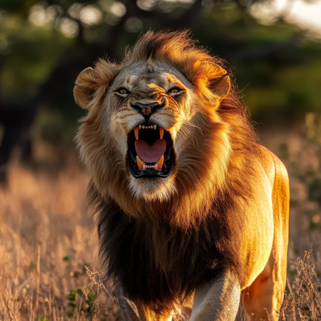 Roaring At Dawn Fierce Male Lion in the Warm Early Morning Light Displays its Dominanceの素材