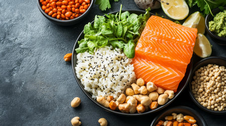 Salmon Poke Bowl with Rice, Cashew Nuts, Greens, and Ingredients Healthy Eating Concept.の素材