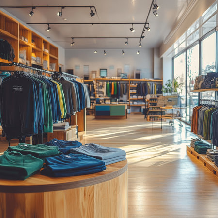 Modern Clothing Store Interior with Wooden Displays, Organized Racks, and Abundant Natural Light.の素材