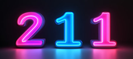 Glowing Neon Numbers Two One One On Dark Background, Futuristic, Retro Eighties Style Design Elementの素材
