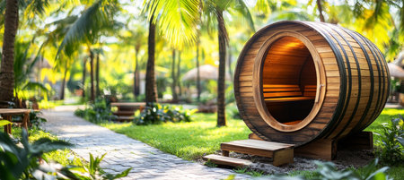 Luxurious Wooden Barrel Sauna Nestled in a Lush Tropical Garden, Wellness Retreat Getawayの素材