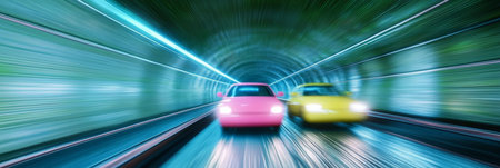 Pink And Yellow Cars Traveling Fast Through Tunnel, Motion Blur, Speed, Transportationの素材