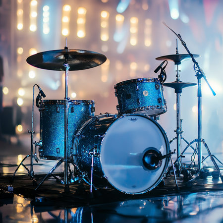 Blue Sparkle Drum Set on Stage, Ready for a Live Music Performance Under Stage Lightsの素材
