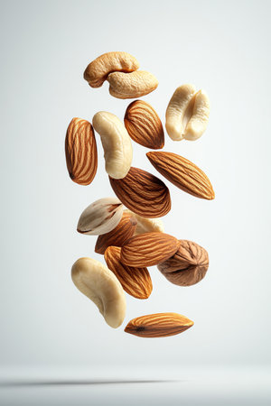 Assortment of Falling Nuts on White Background. Healthy Snack, Vegan Food, Culinary Ingredientsの素材