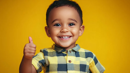 Portrait of a Happy, Smiling Little Boy Giving a Thumbs Up Gesture on a Vibrant Yellow Backgroundの素材