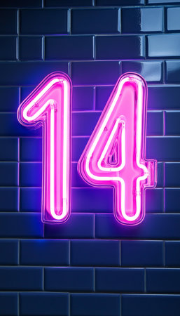 Number 14, Fourteen, Pink Neon Sign Lights Against a Blue Brick Wall Background, 3D Illustrationの素材