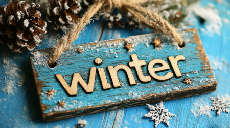 Rustic Winter Sign with Pine Cones, Snowflakes, and Fir Branches on Blue Wooden Backgroundの素材