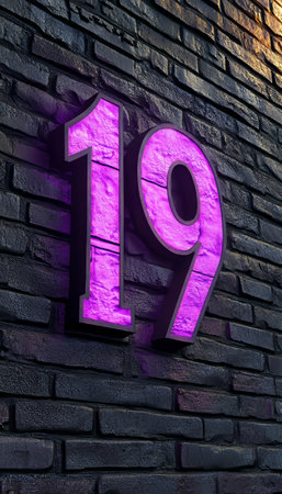 Number 19, Purple Neon Light on Black Brick Wall Background. Modern Urban Style Decorationの素材