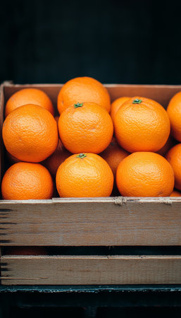 Freshly Picked Oranges Overflowing in a Rustic Wooden Crate, Vibrant and Healthy Treatの素材