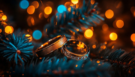 Wedding Rings Nestled in Pine Tree Branches With Golden, Sparkling Holiday, Festive Lightsの素材