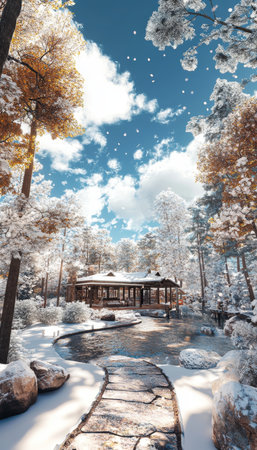Wooden Gazebo on Snow Covered path Surrounded by Snow Covered Trees, Winter Wonderland Scene.の素材