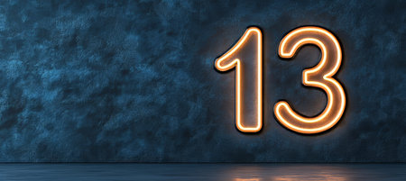 Number 13, illuminated neon sign on dark grunged wall. Symbol of superstition and fear.の素材