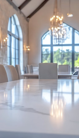 Modern Dining Room Interior with Large Arched Windows, a White Marble Table, and Elegant Chandeliersの素材