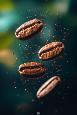 Four Roasted Coffee Beans in Mid-Air, Falling Against a Textured Teal Background with Motion Blurの素材