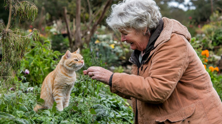 Senior Woman Bonds with her Ginger Cat in Lush Green Garden, Peaceful Retirement Momentの素材