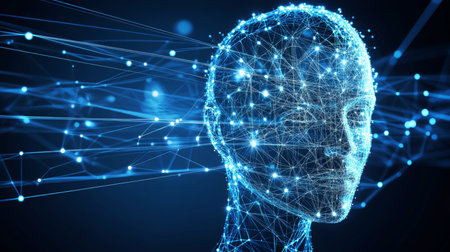 Artificial Intelligence Glowing 3D Human Head and Interconnected Lines, Dark Blue Backgroundの素材