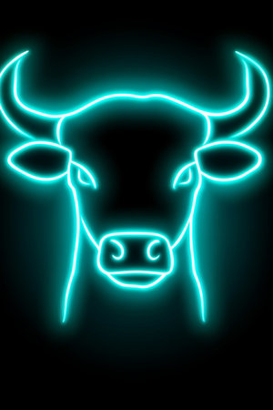 Neon Blue Bull Head Icon. Vibrant Glowing Silhouette of a Bulls Head on a Black Background.の素材