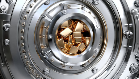 Shining Security Gold Bars Safely Stored Within a Heavy-Duty Vault Door, Close-Up View.の素材