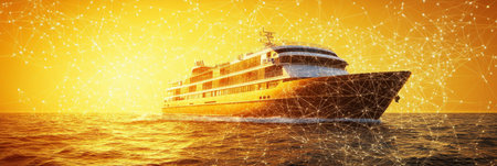 Modern Cruise Ship on Golden Sea with Network Connection. Global Business and Logistics Conceptの素材