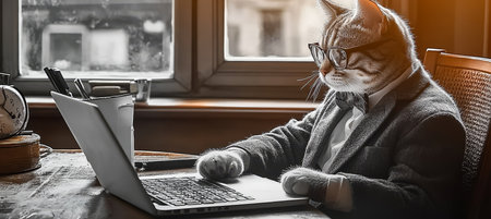 Serious Cat Working, Businessman Cat Using Laptop at Office Desk, Funny Pet Wearing Suit and Glassesの素材