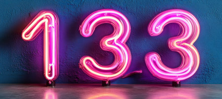 Neon Number One Hundred Thirty Three Illuminated Against a Vibrant Blue Wall Backgroundの素材