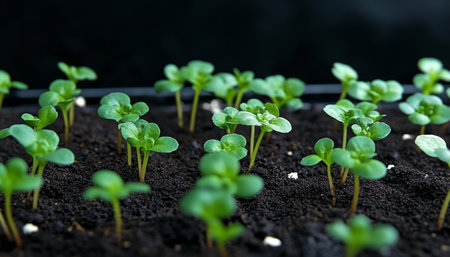 Emerging Life Tiny Green Seedlings Thrive in Rich, Fertile Soil, Ready for Transplantation.の素材