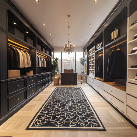 Modern Walk-In Closet Design With Black, White Wardrobe, Luxurious Interior. Design Ideaの素材