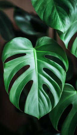 Close-up of a Vibrant Green Monstera Deliciosa Leaf with Fenestrations, Tropical Greeneryの素材