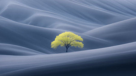 Solitary Yellow Tree in Surreal Blue Desert Landscape, Minimalist Nature Photography.の素材