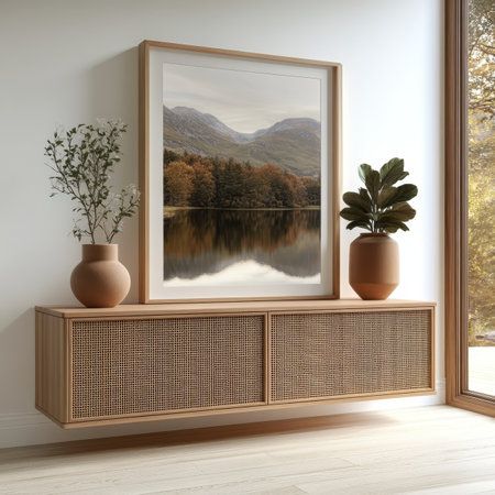 Minimalistic Living Room Interior with Wooden Credenza, Autumn Landscape Framed Art, and Home Decorの素材