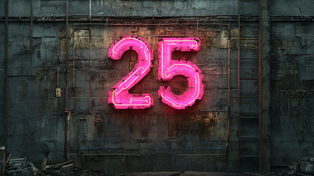 Number 25 Neon Sign glowing on a Textured Grungy Concrete Wall, Industrial Style Background.の素材