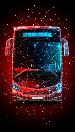 Digital City Bus on Red Technology Background with Connected Lines, Dots and Trianglesの素材